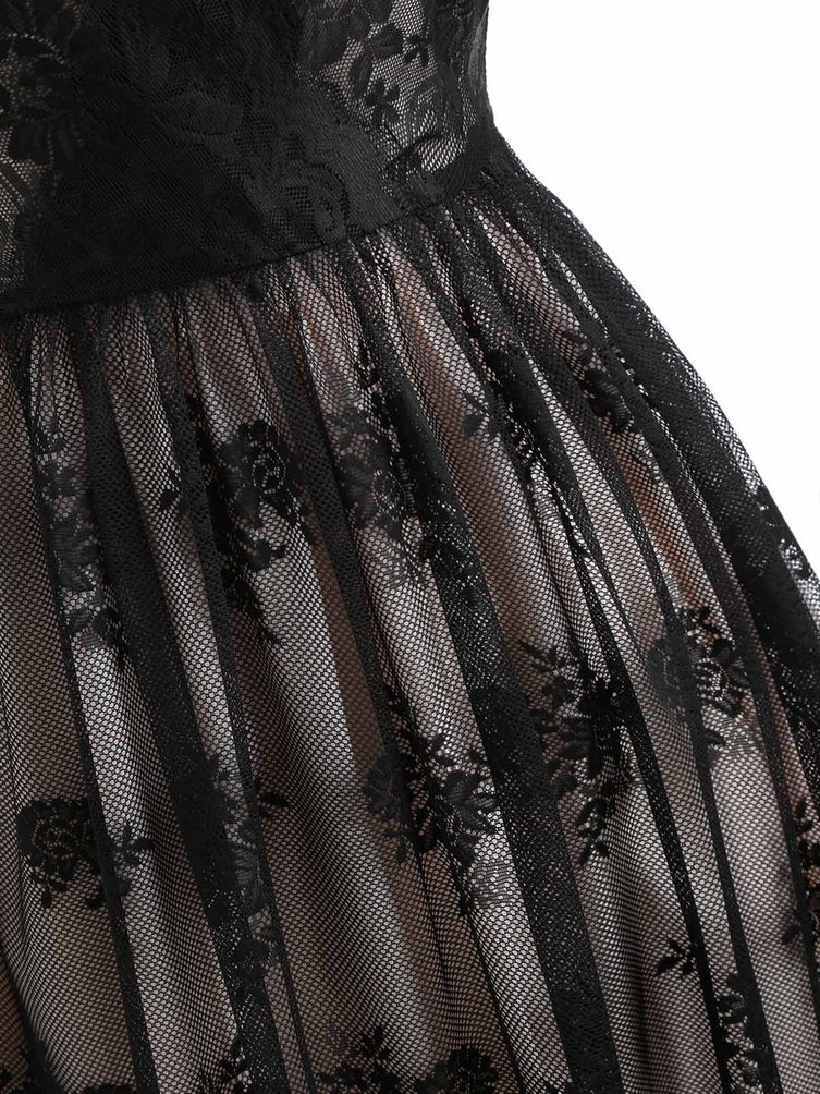 Black 1950s Lace Floral Swing Dress