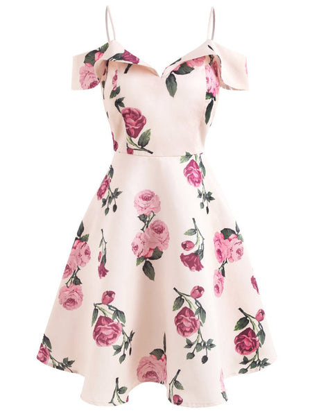 Robe fleurie à bretelles spaghetti rose des années 1950