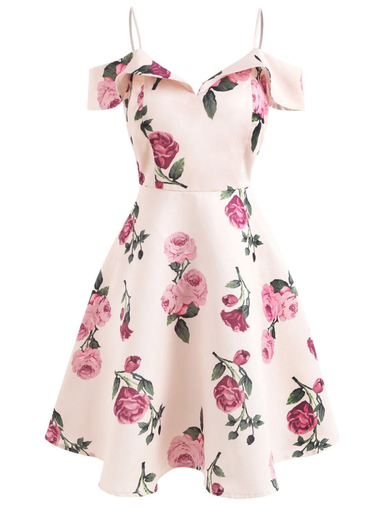 Розовое платье со спагетти с цветочным принтом 1950-х годов