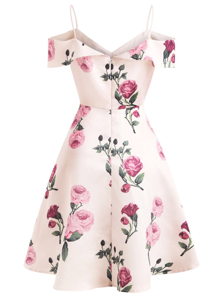 Розовое платье со спагетти с цветочным принтом 1950-х годов