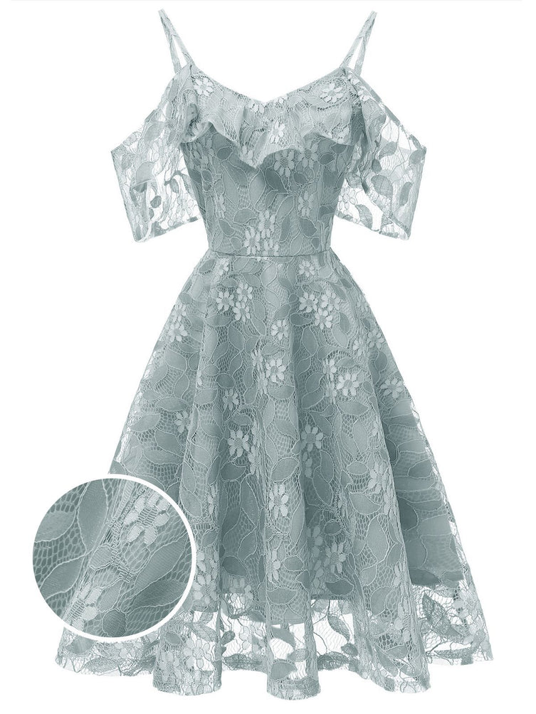 Кружевное платье 1950-х годов с открытыми плечами и оборками