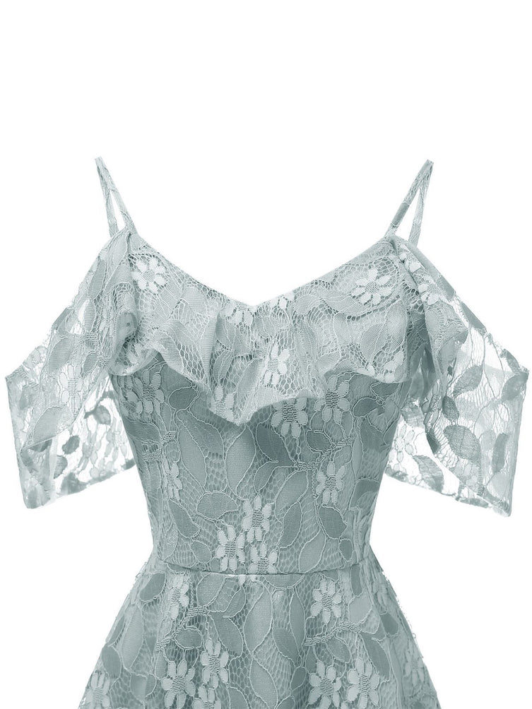 1950s Lace Cold Shoulder Ruffle Dress