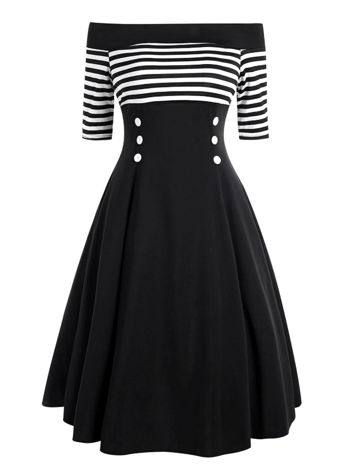 Черное платье 1950-х годов с открытыми плечами в полоску