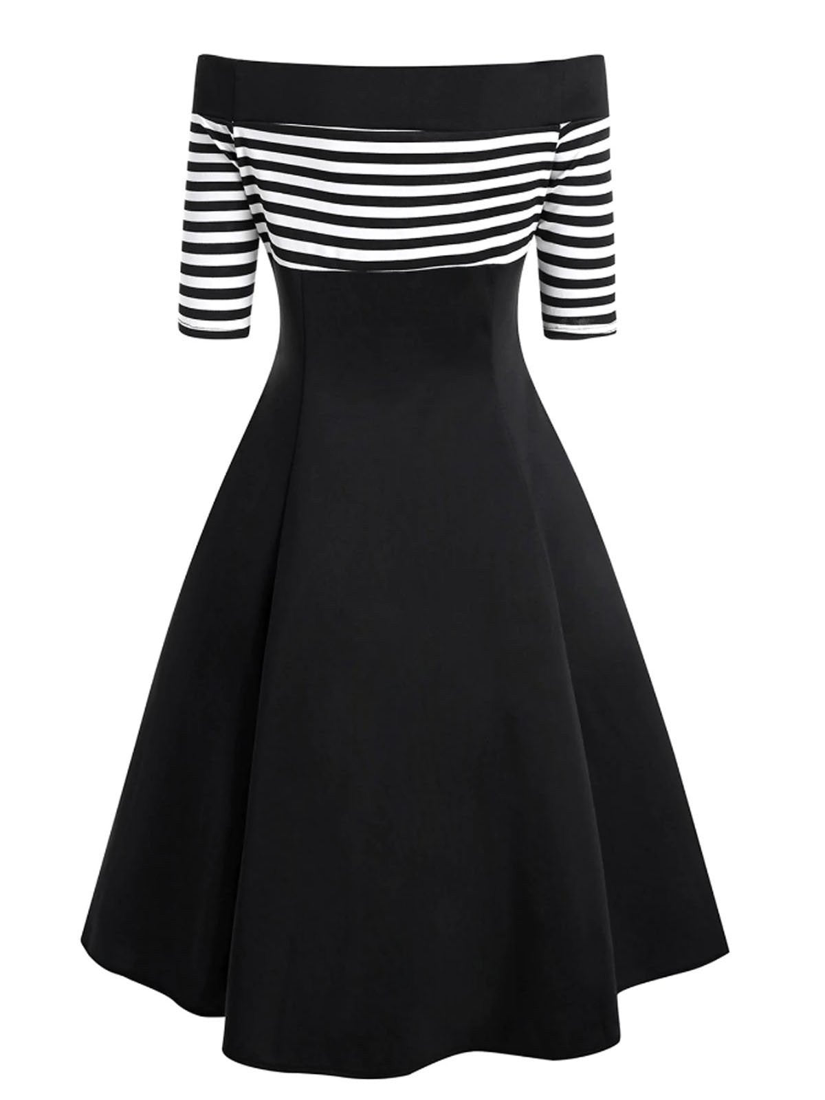Black 1950s Striped Off Shoulder Dress