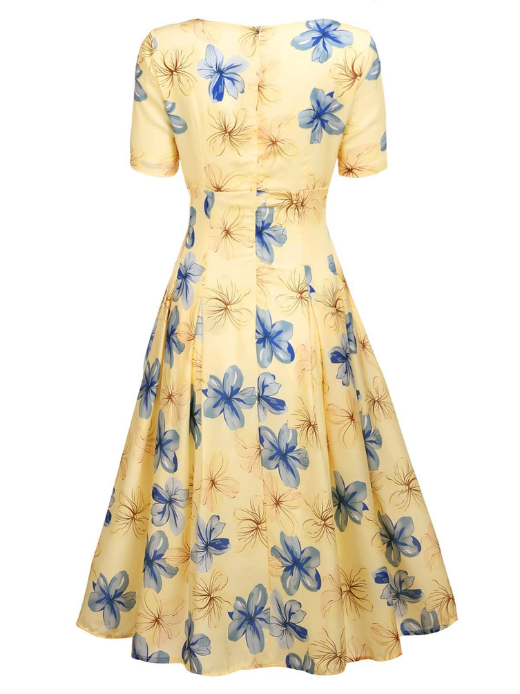 Yellow 1950s Floral Lace Swing Dress