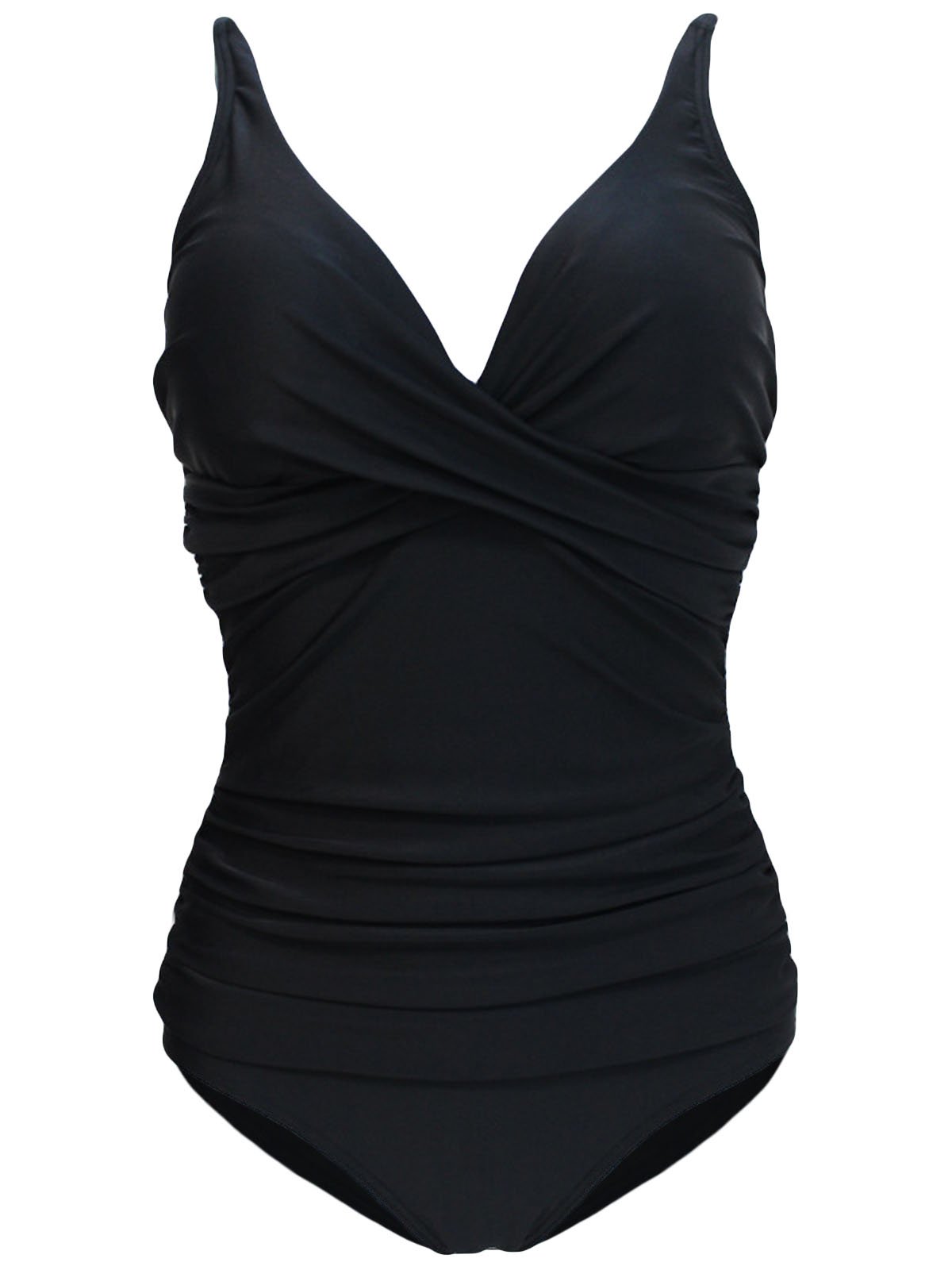 Upopby Deep V-neck Pleated Solid One-Piece Swimsuit