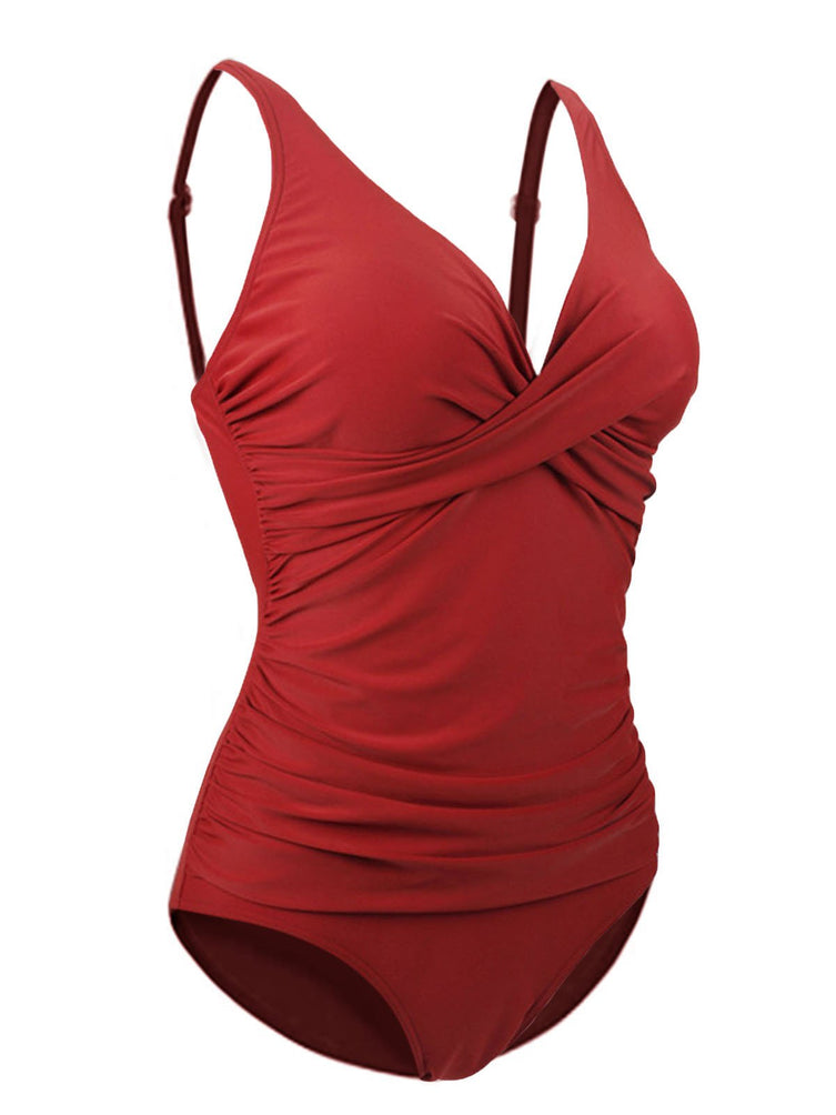 Upopby Deep V-neck Pleated Solid One-Piece Swimsuit