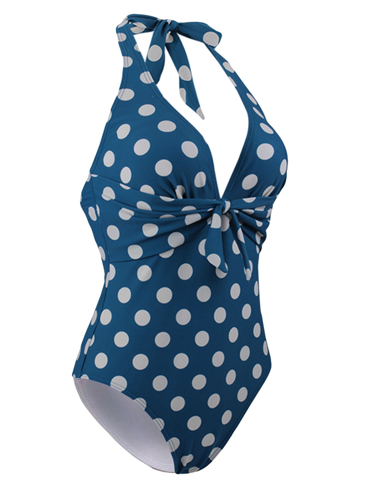 Upopby Halter Polka Dot Slim One-Piece Swimsuit blue side view