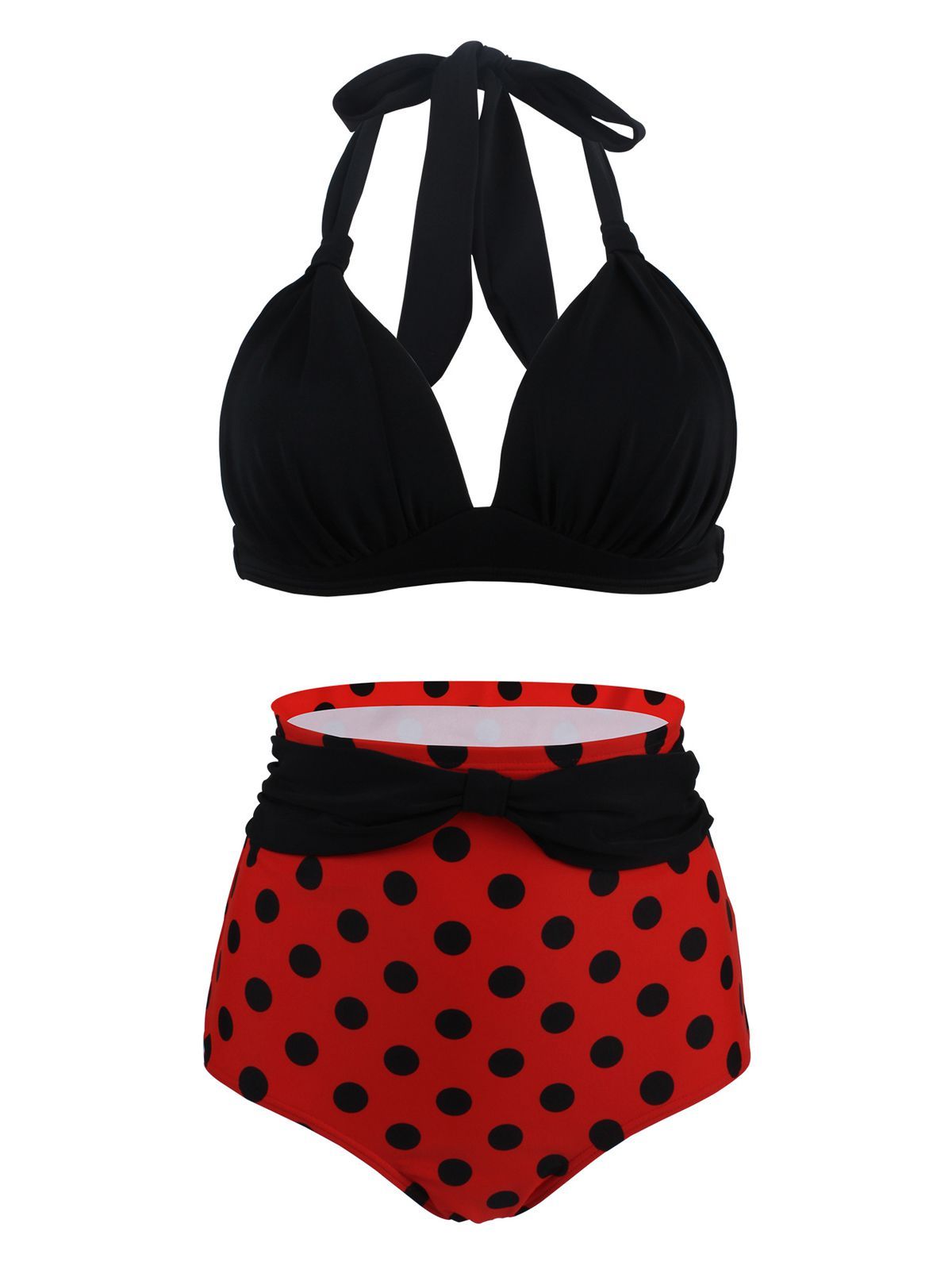 Upopby Polka Dot Pleated Halter Bikini Plus Size Swimsuit details