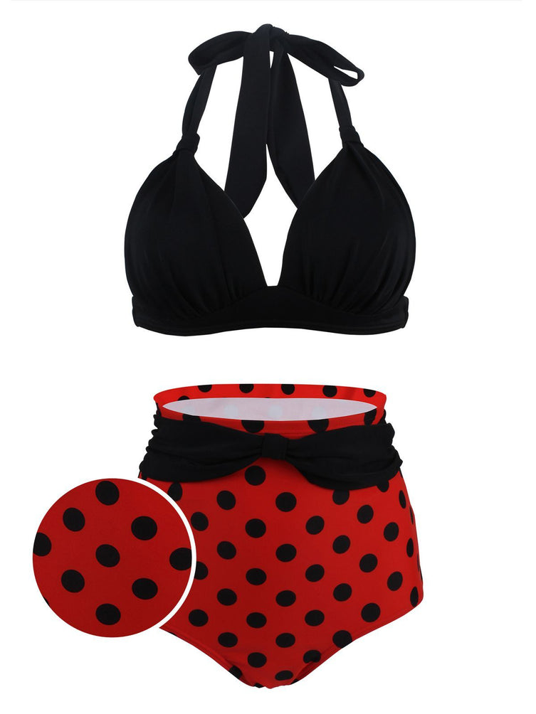 Upopby Polka Dot Pleated Halter Bikini Plus Size Swimsuit overview