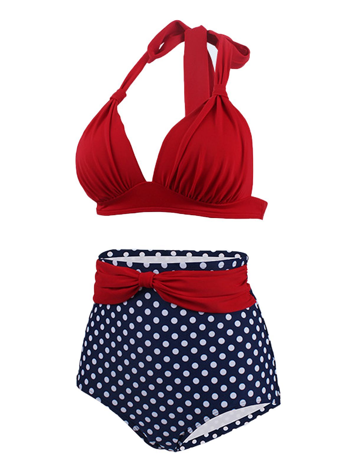 Upopby Polka Dot Pleated Halter Bikini Plus Size Swimsuit side view