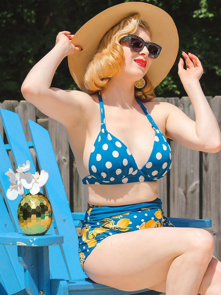 Lemon Polka Dot Halter Bikini Set display