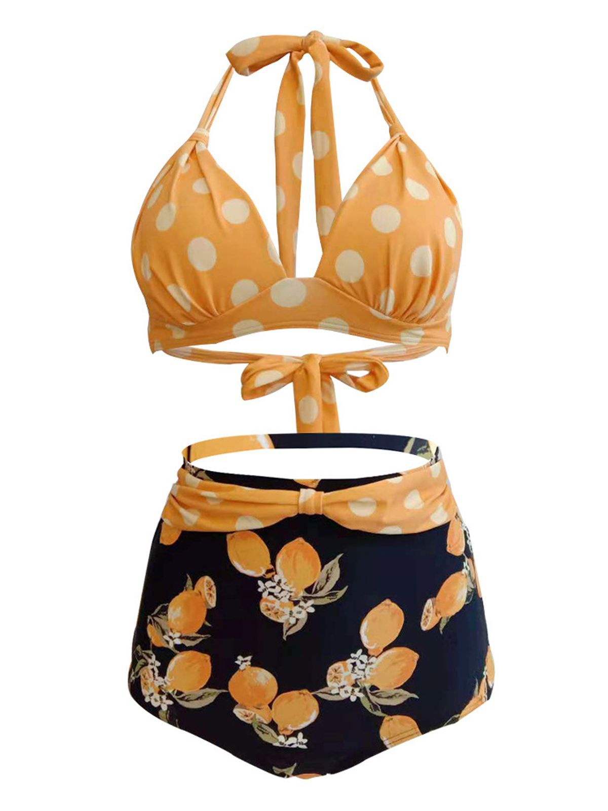 Lemon Polka Dot Halter Bikini Set yellow details