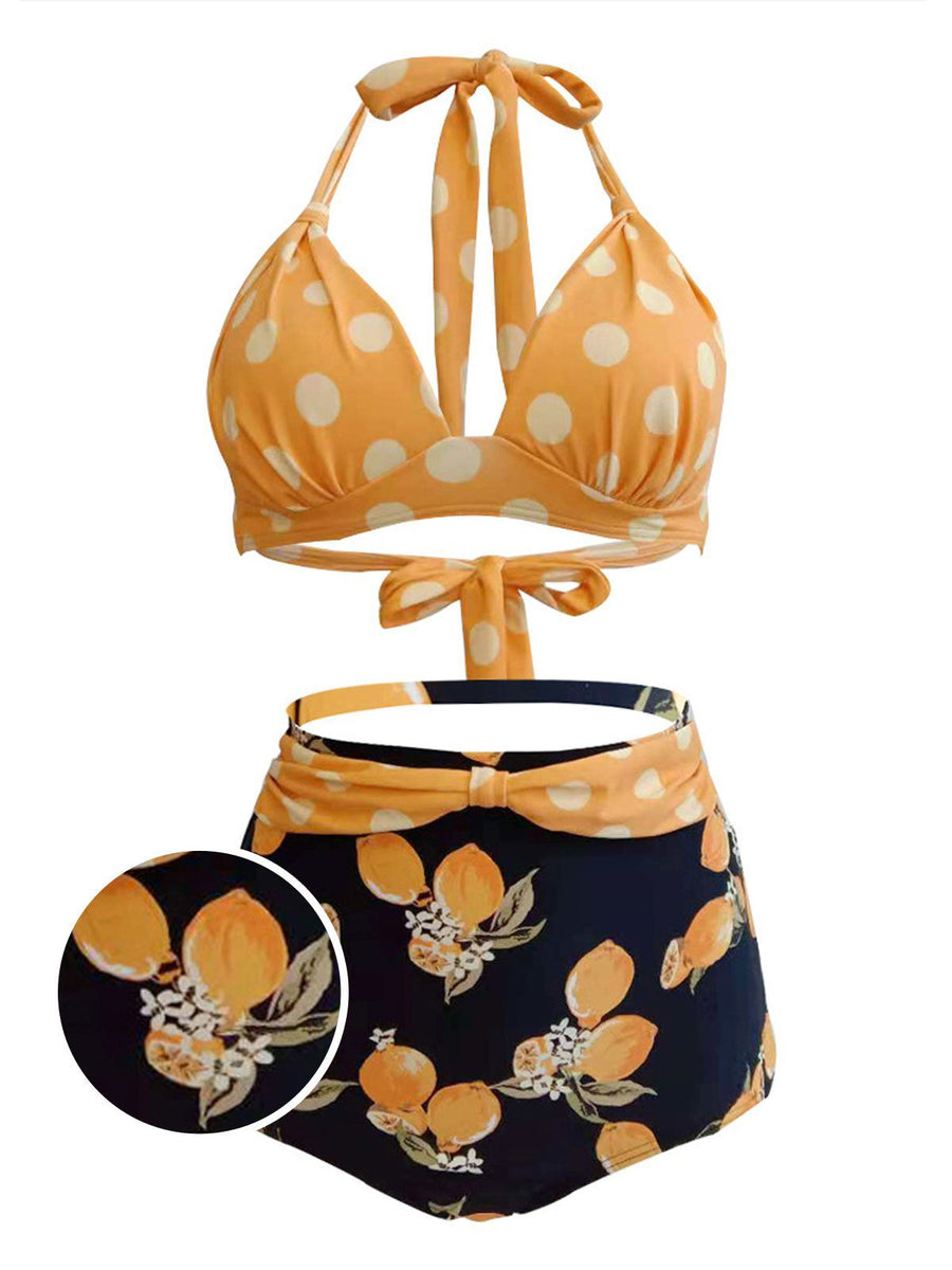 Lemon Polka Dot Halter Bikini Set