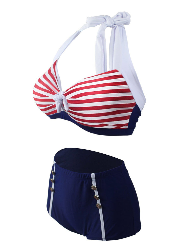 Upopby Navy Red Stripe Halter Bikini Side View