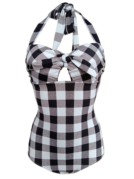 Upopby Plaid Halter One-Piece Swimsuit black white