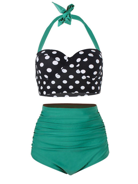 Upopby Polka Dot Halter Pleated Bikini Dark Cyan