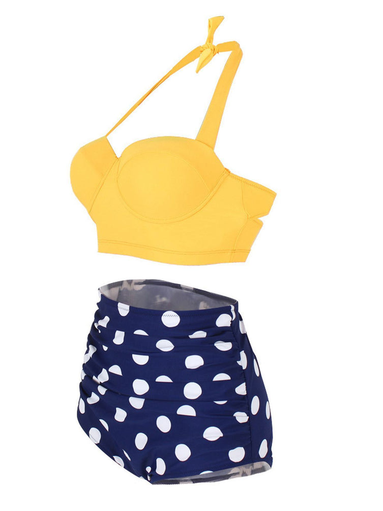 Yellow Navy Polka Dot Halter Pleated Bikini Plus Size Swimsuit side view