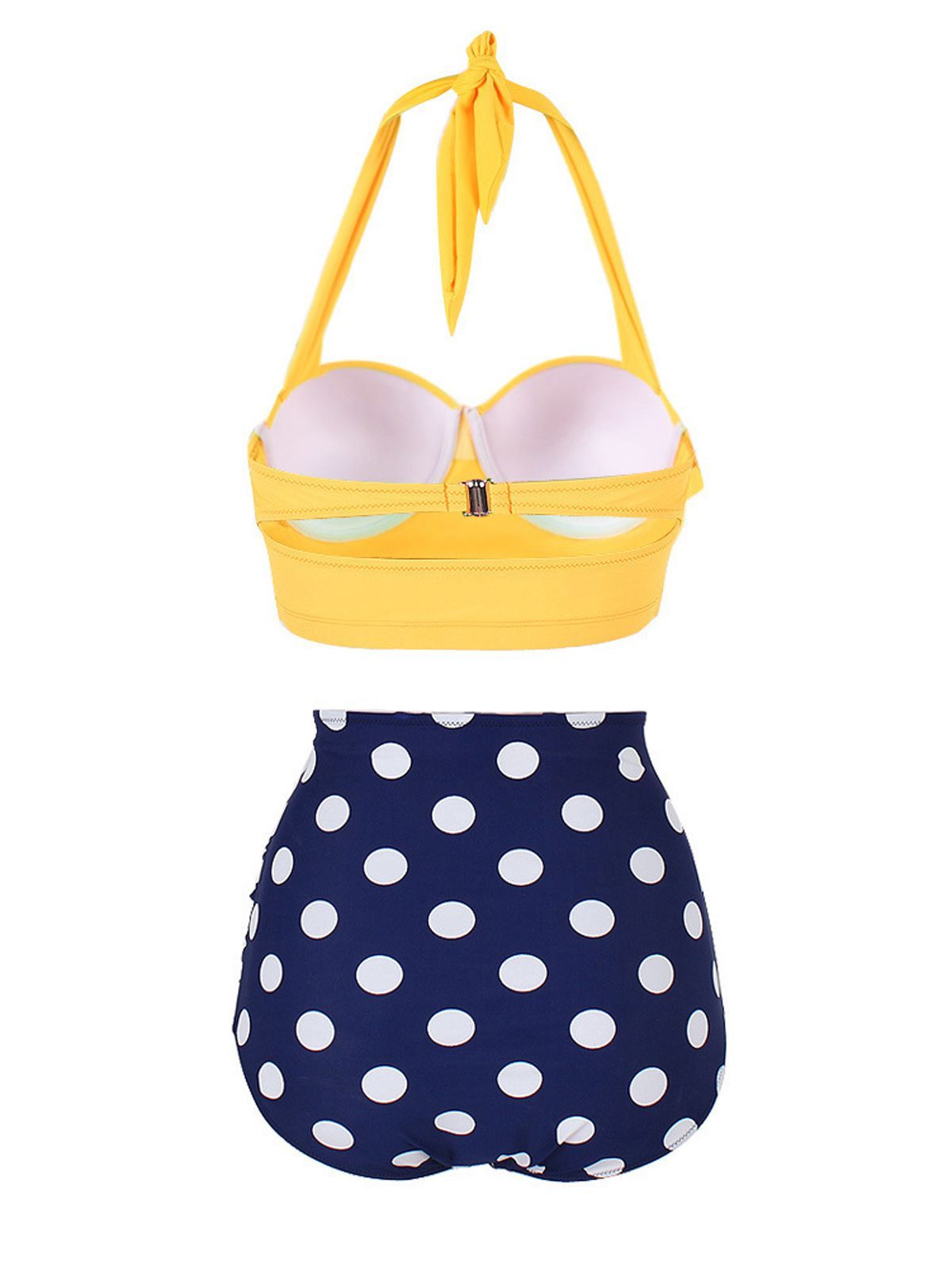 Yellow Navy Polka Dot Halter Pleated Bikini Plus Size Swimsuit back details