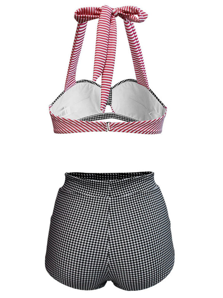 Plaid Stripe Bow Halter Bikini back details