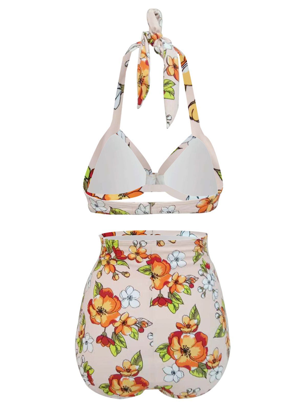 Upopby Retro Halter High Waist Bikini Bow Floral Swimsuit back details