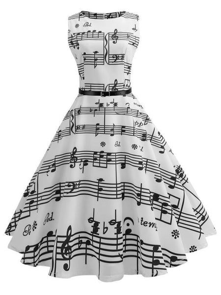 White 1950s Music Note Swing Dress