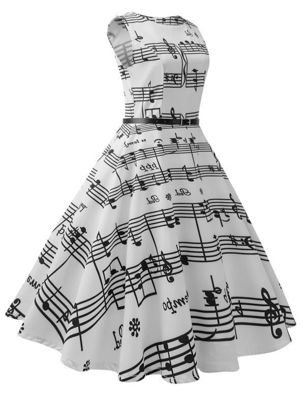 White 1950s Music Note Swing Dress details