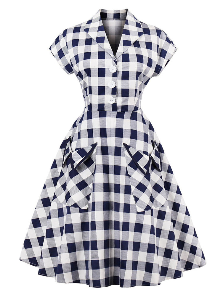 Blau-weißes 50er Jahre kariertes Kleid mit Taschen
