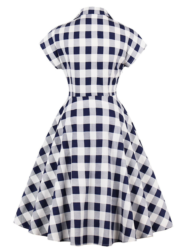 Blau-weißes 50er Jahre kariertes Kleid mit Taschen