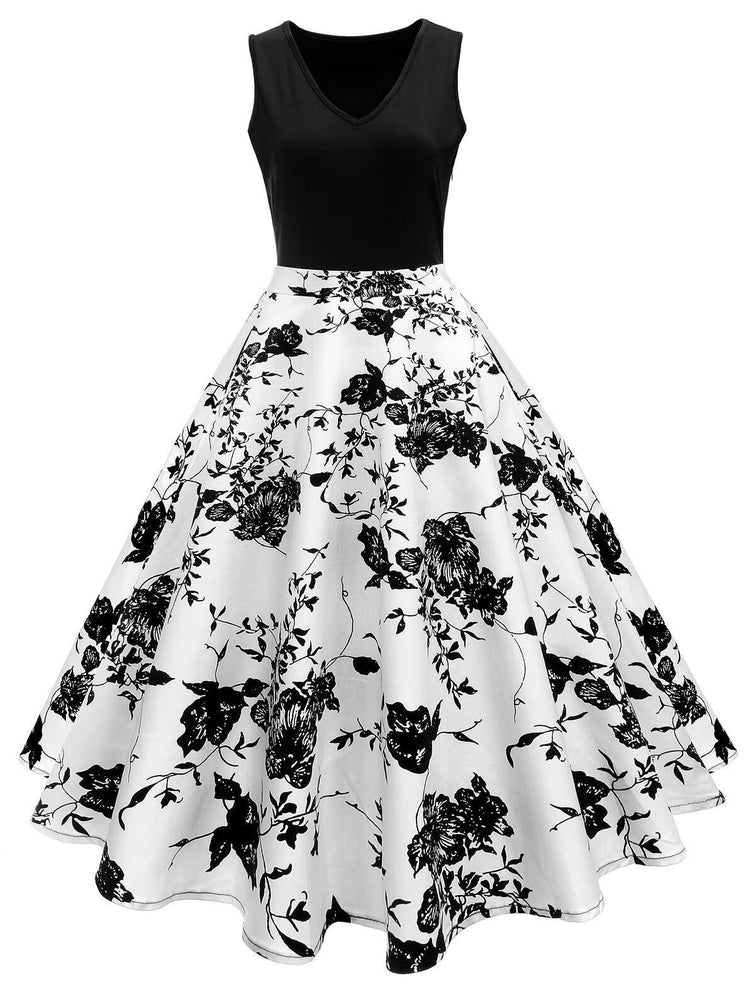 Черное свободное платье 1950-х годов с цветочным принтом