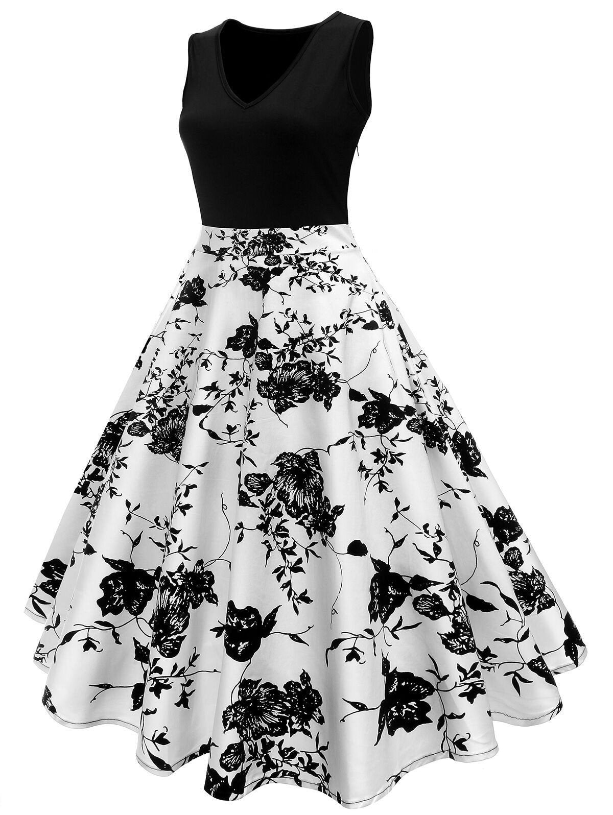 Vestido negro con vuelo de flores de los años 50