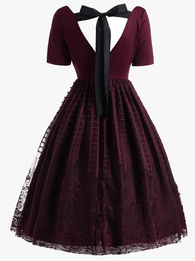 Wine Red 1950s Back Lace Up Dress