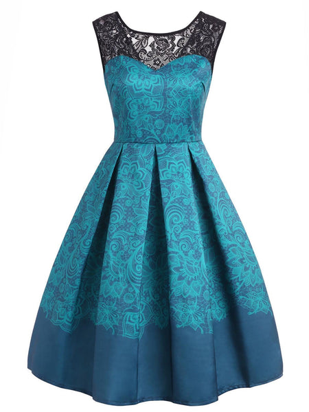 Robe trapèze fleurie bleue des années 1950