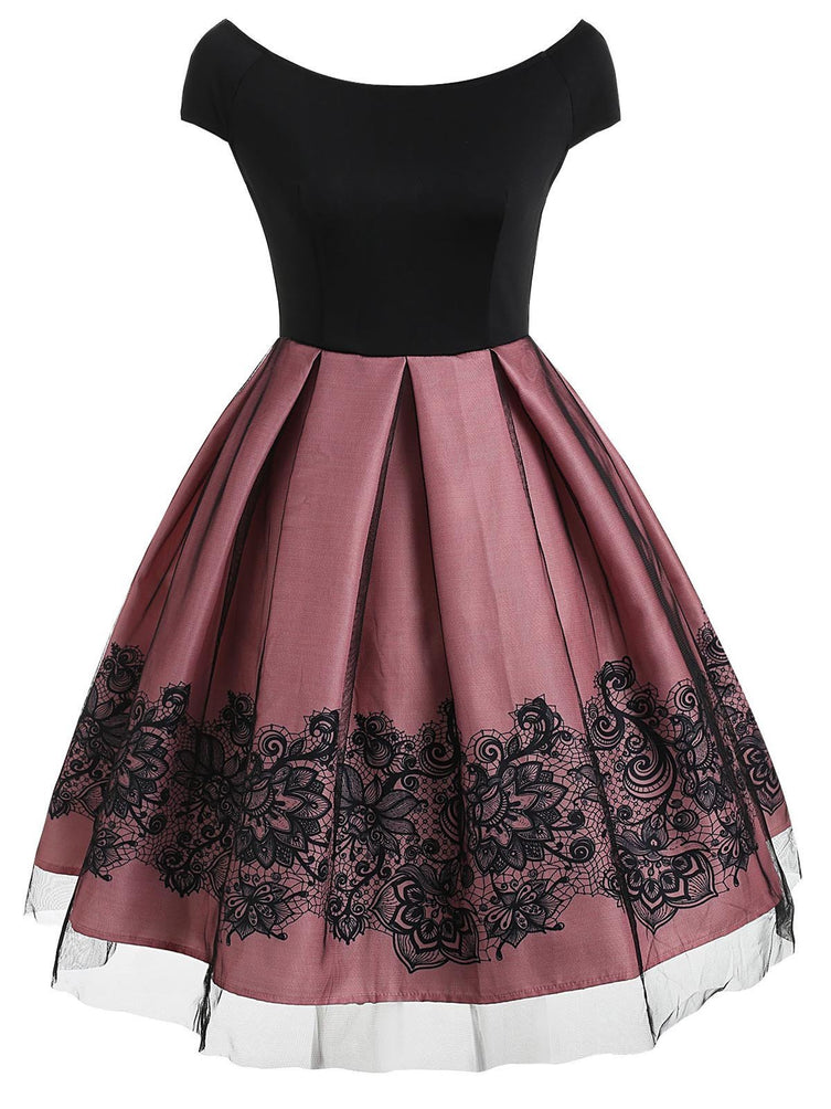 Schulterfreies Kleid mit Blumendruck der 1950er Jahre