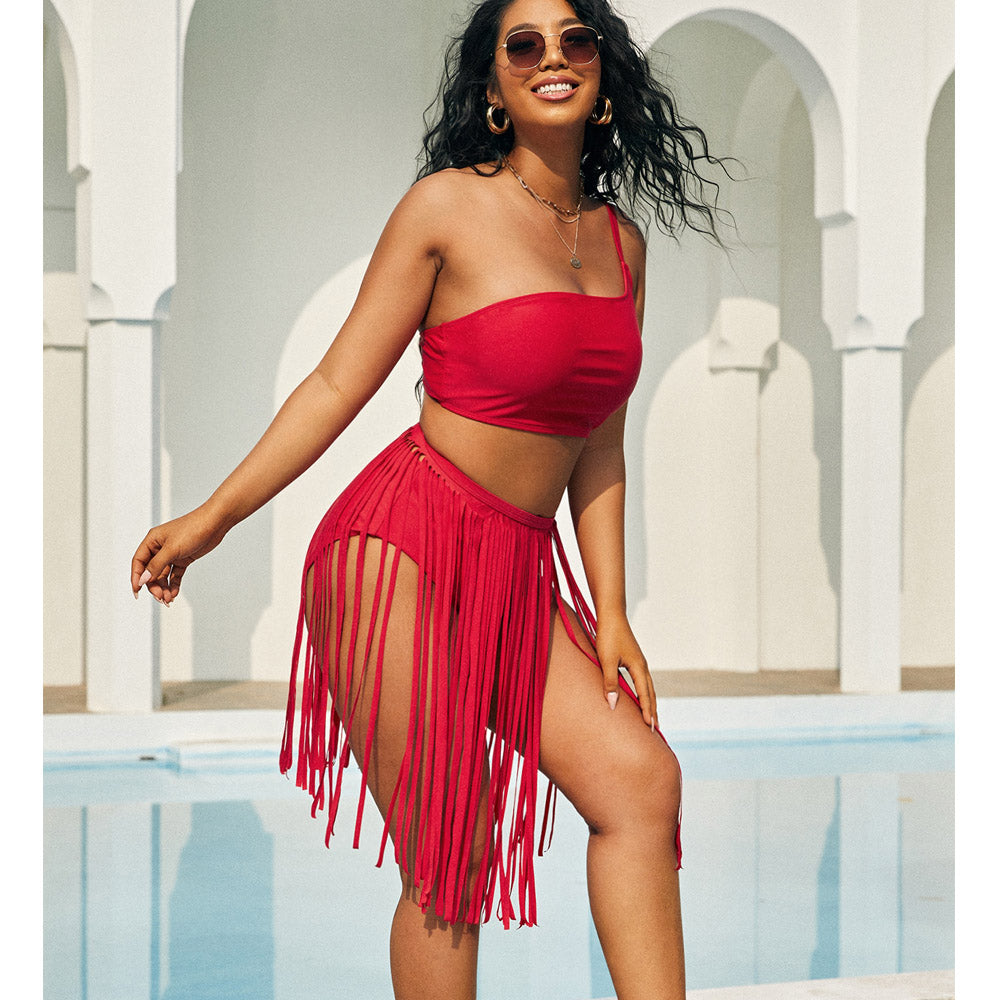 red 3-piece swimsuit with lace apron
