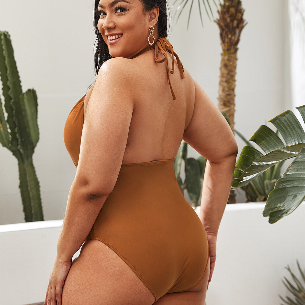 solid halter brown one-piece swimsuit back details