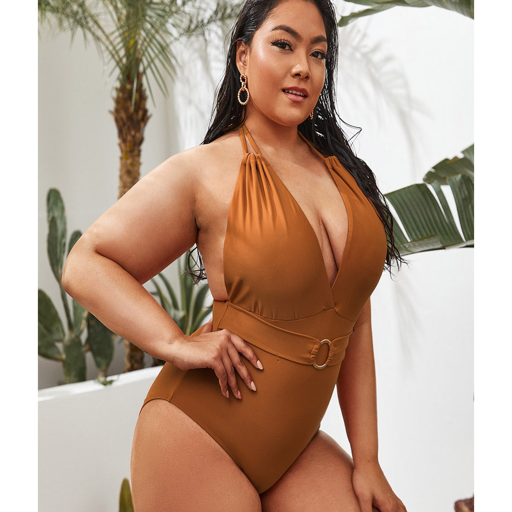 solid halter brown one-piece swimsuit show