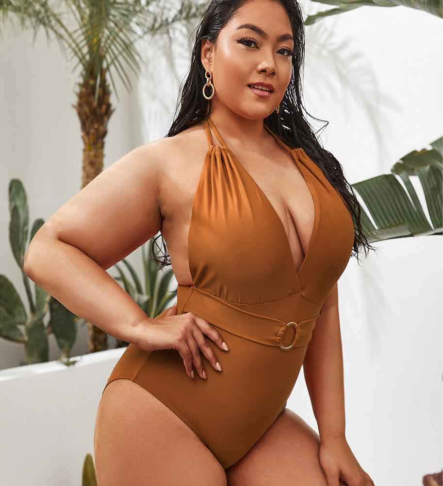 solid halter brown one piece swimsuit