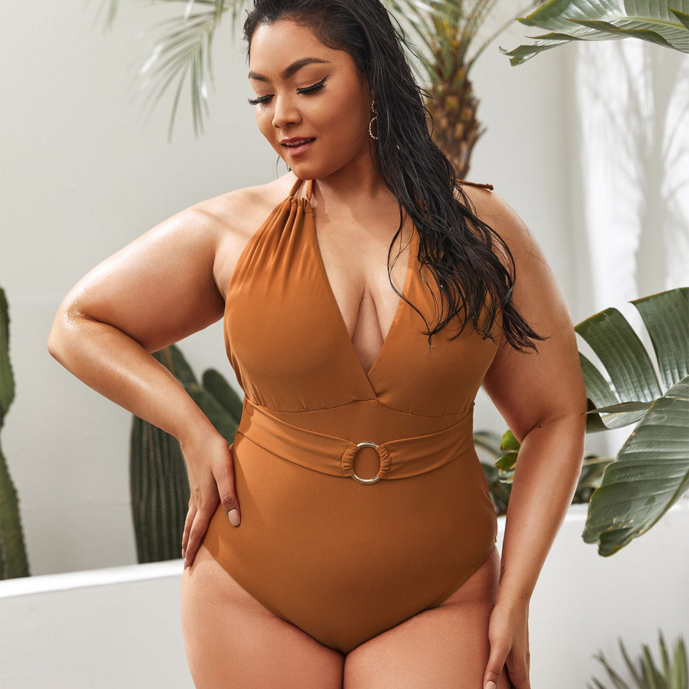 solid halter brown one-piece swimsuit display