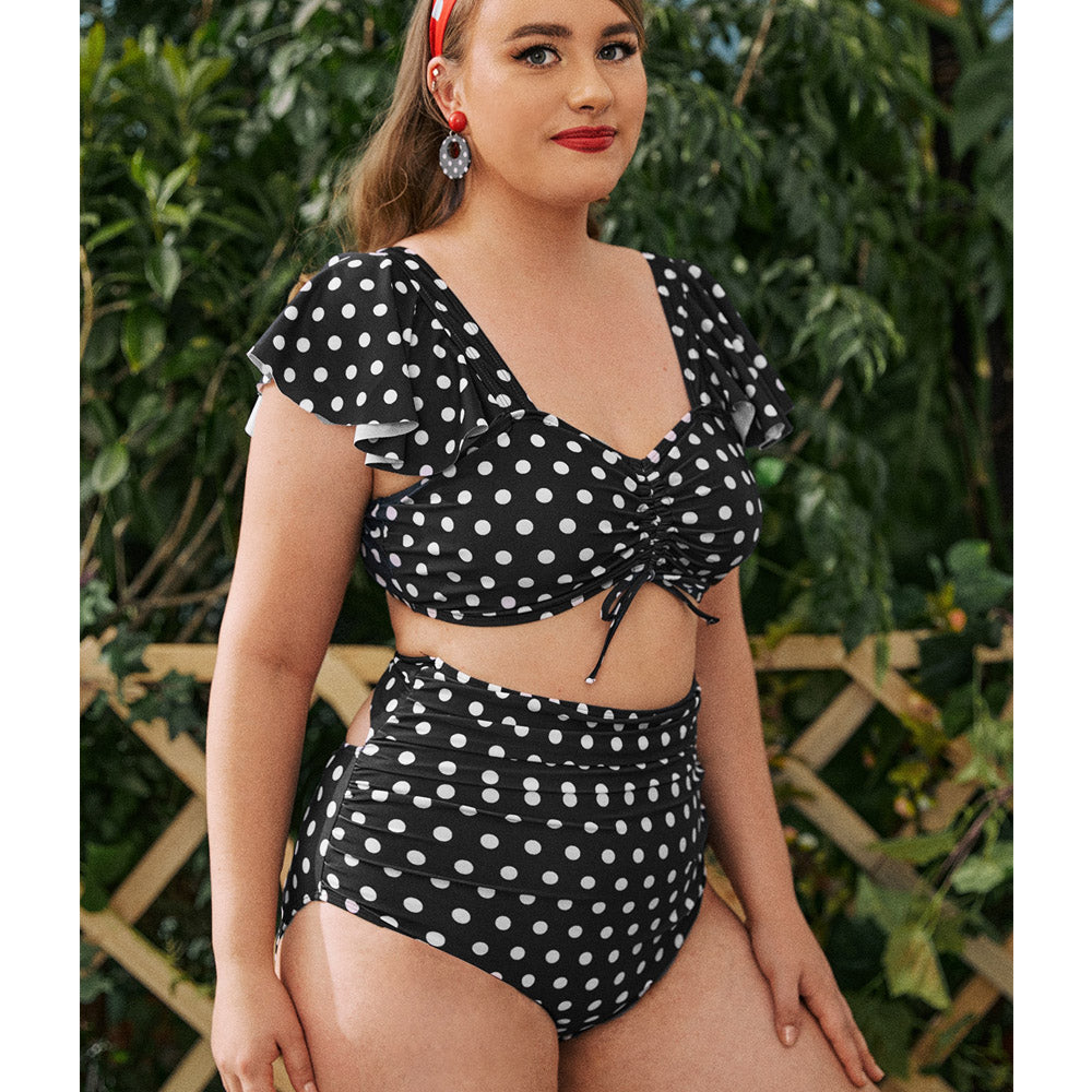 Polka Dot Short Sleeve Belly Control High Waist Bikini