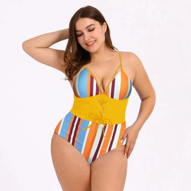Upopby Print Tunic Corset Plus Size One-Piece Swimsuit