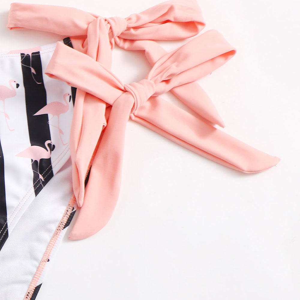 Upopby Sexy Bow Solid Pink Top & Striped Flamingo Print Bottom String Bikini bottom details