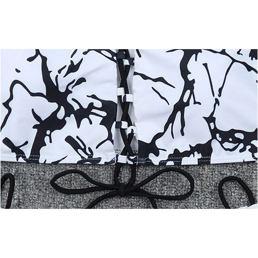 Upopby Black & White Tie Dye String High Waist Bikini Set Top Details