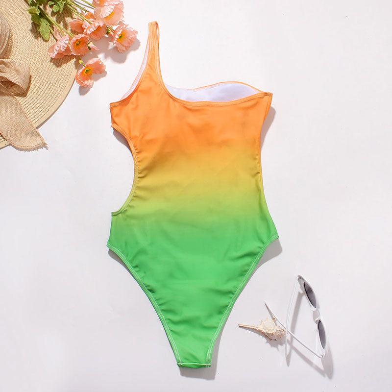 Upopby Gradient One-Piece Swimsuit One Shoulder Hollow Swimwear