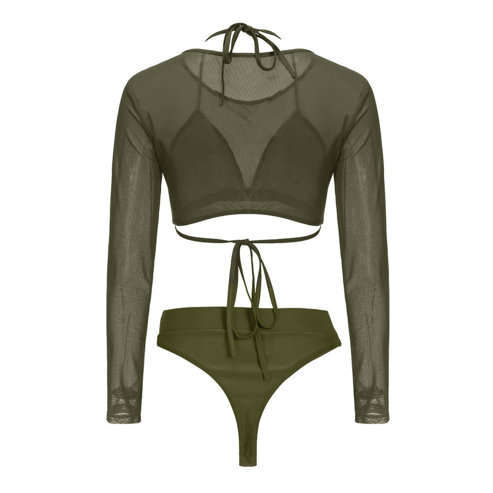 Upopby Solid 3-Piece Swimsuit High Waist Bikini With Mesh Long Sleeve Cover-Ups