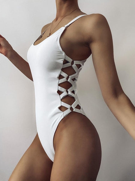 white hollow swimsuit bikini model