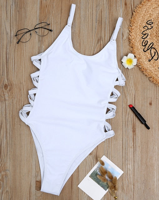 Upopby Solid Side Hollow Cross One-Piece Swimsuit High-Cut Monokini