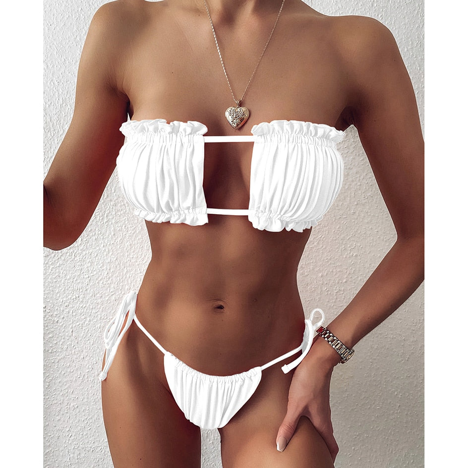 Upopby Pleated Bandeau Swimsuit Mini Thong Bikini Set white