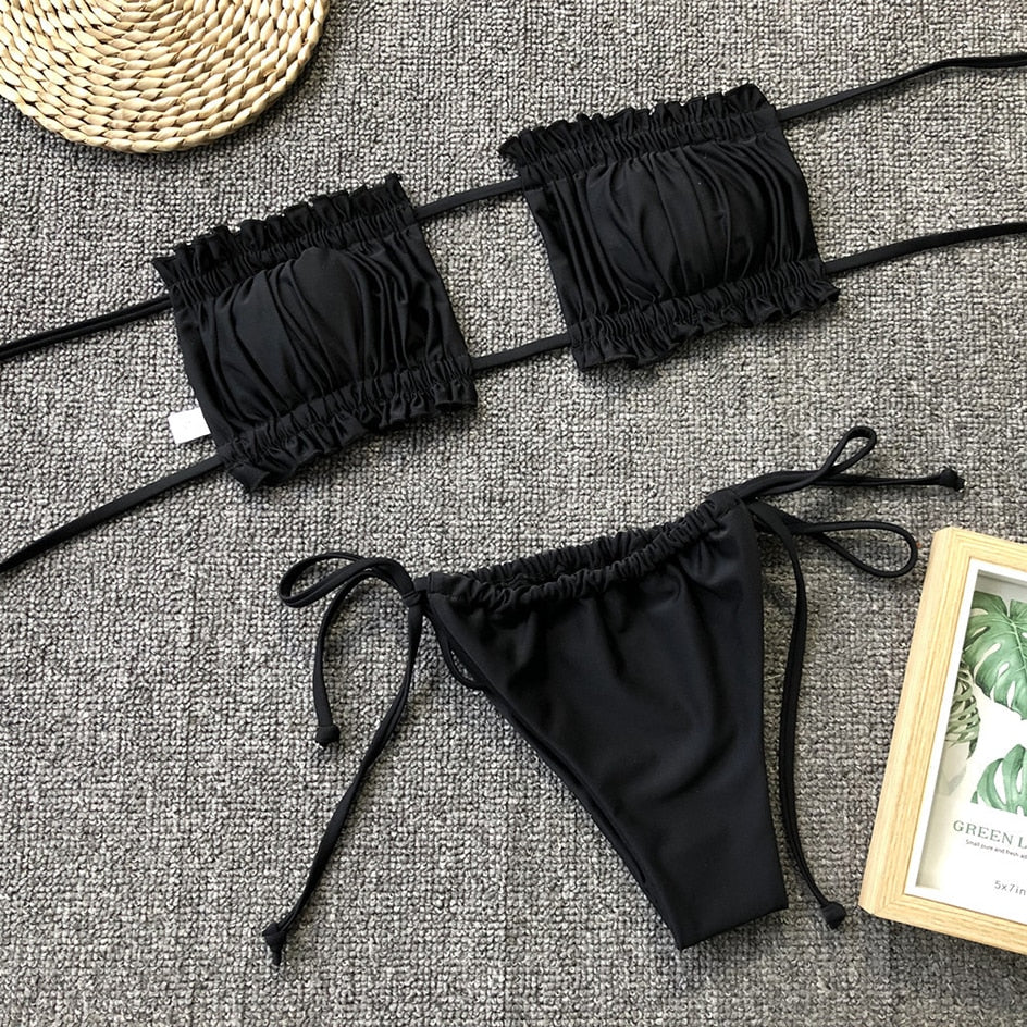 Upopby Pleated Bandeau Swimsuit Mini Thong Bikini Set Black