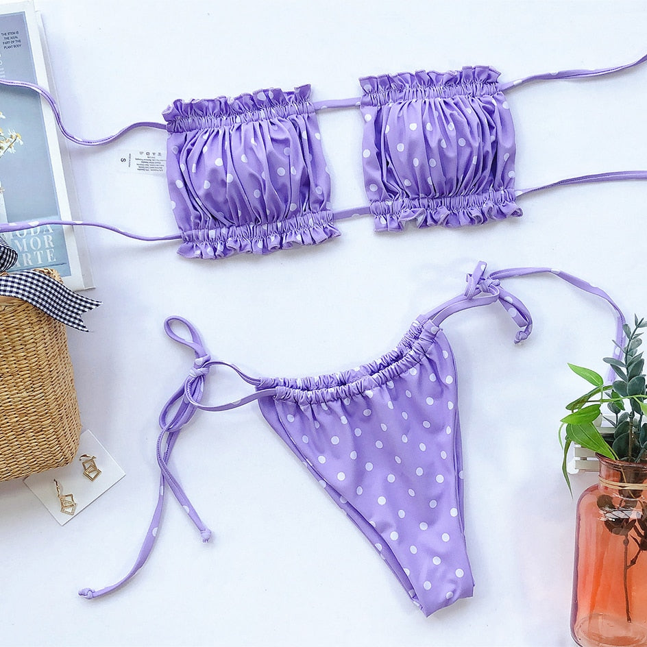 Maillot de bain bandeau plissé Upopby Micro Thong Bikini Set